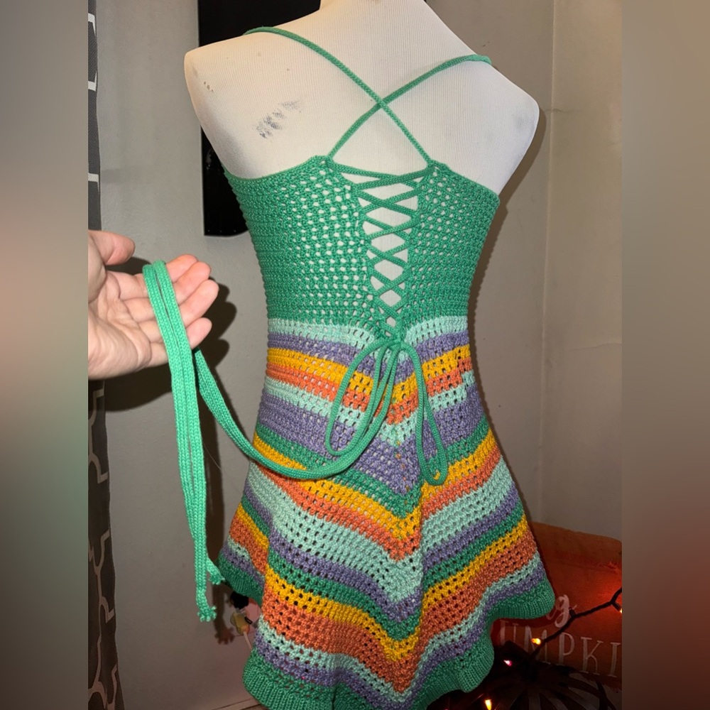 Crochet mini dress in green and purple hues #boho #festivalvibes